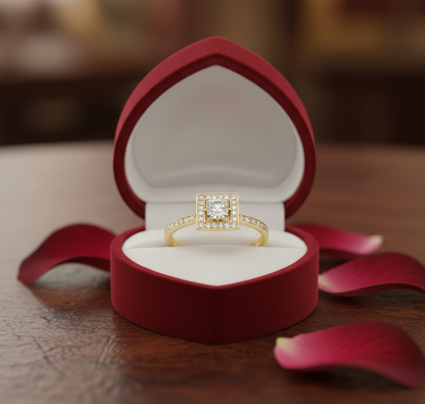 Gold Square Halo Diamond Ring for Women | Elegant Pave Band Engagement / Party Ring | Premium Finish Jewelry