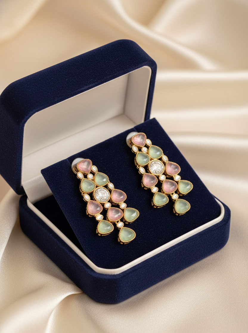 Pastel Pink & Mint Green Chandelier Earrings for Women | Gold-Tone Statement Drop Earrings | Wedding, Party & Festive Jewellery