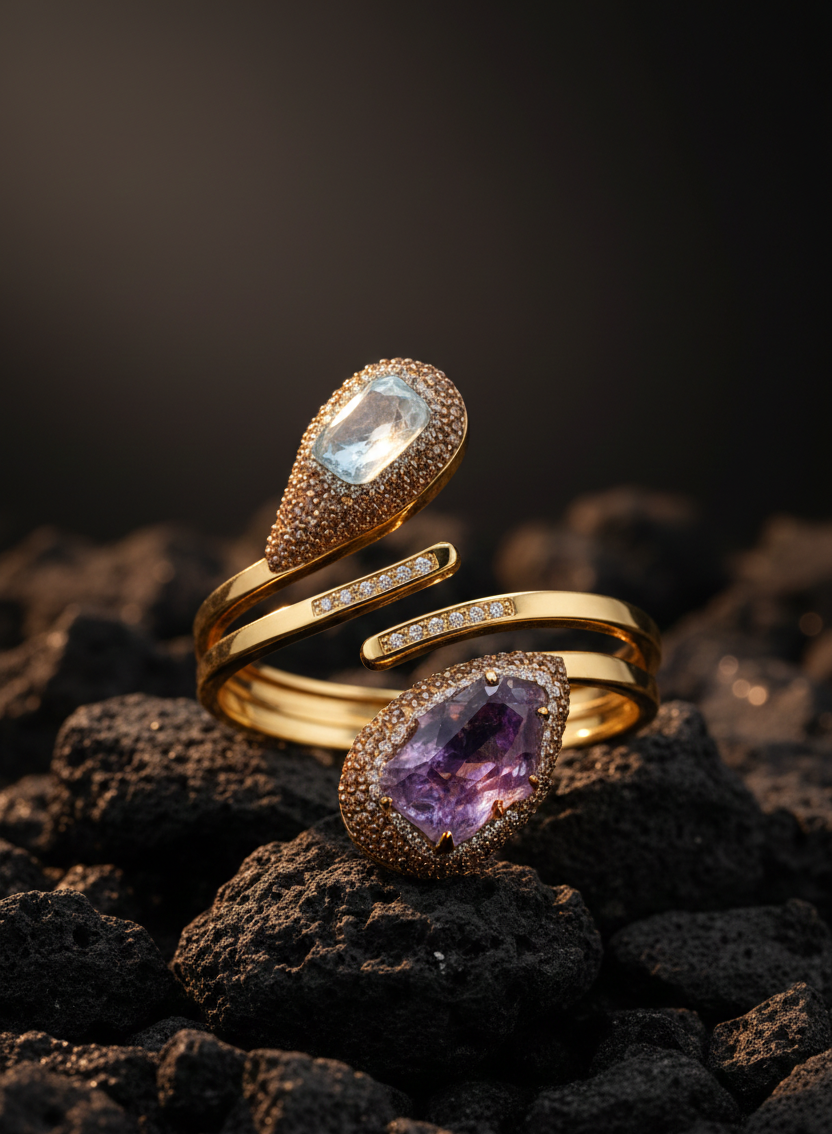 Gold Plated Open Cuff Bracelet with Natural Stone Accents | Open Bangle Bracelet for Women