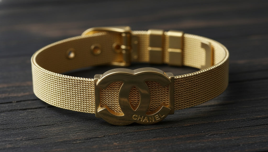Chanel-Style Gold Mesh Bracelet for Women – Premium Stainless Steel Adjustable Fashion Bracelet with Iconic CC Logo – Lightweight, Durable & Elegant Jewelry Accessory