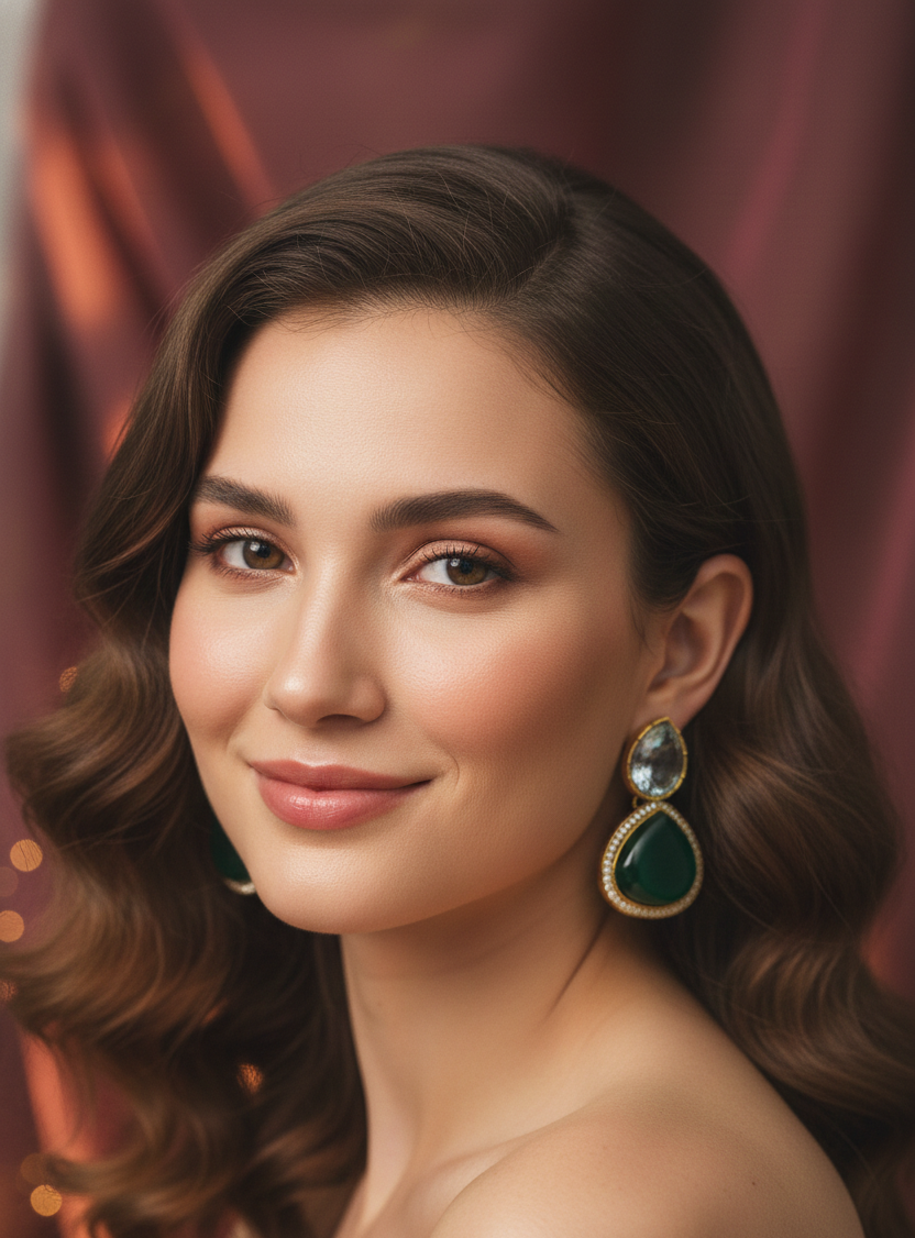 Teardrop Green Stone & Blue Crystal Gold-Plated Stud Earrings for Women