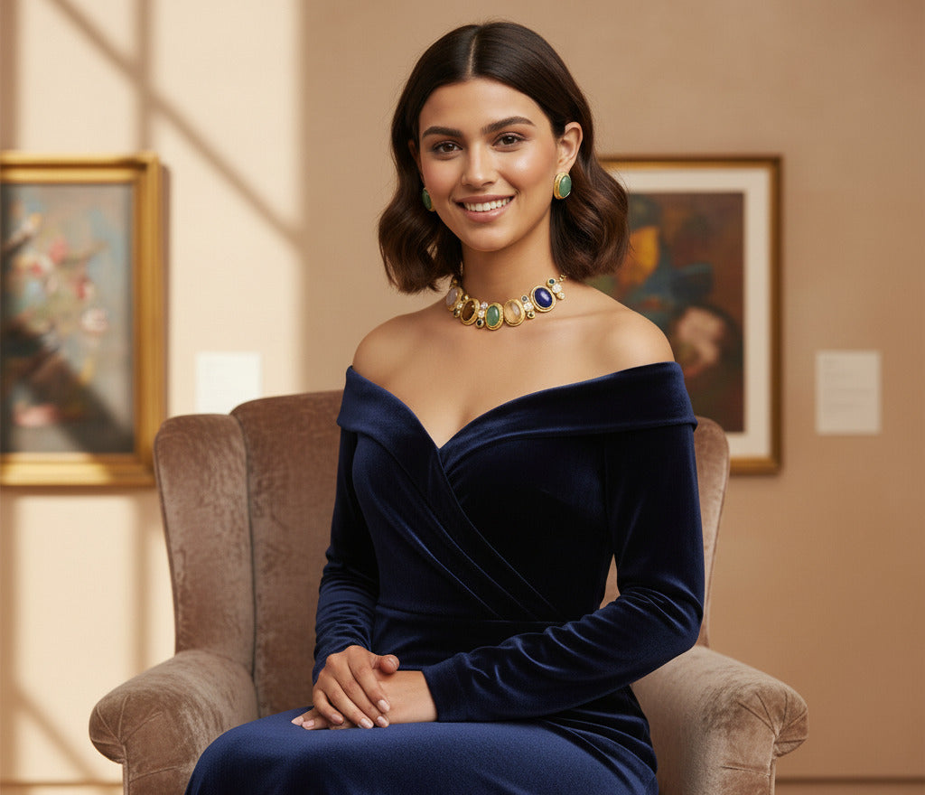 Multicolor Gemstone Gold-Plated Necklace & Earrings Set