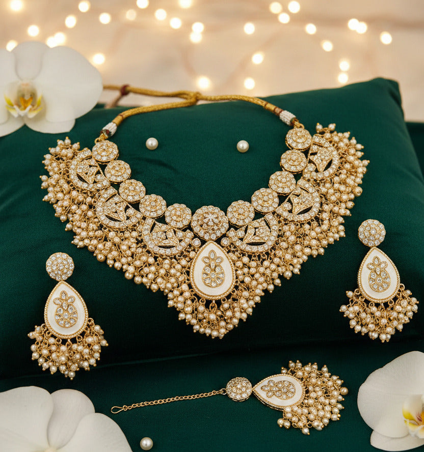Traditional Gold-Tone Kundan Choker Necklace Set with Earrings & Maang Tikka | Bridal & Wedding Jewelry for Women