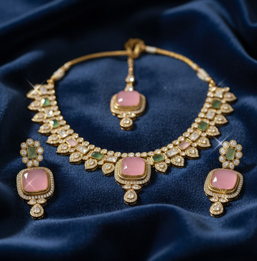 Kundan Necklace, Earrings & Maang Tikka Jewellery Set for Women | Gold-Tone with Pink & Green Stones