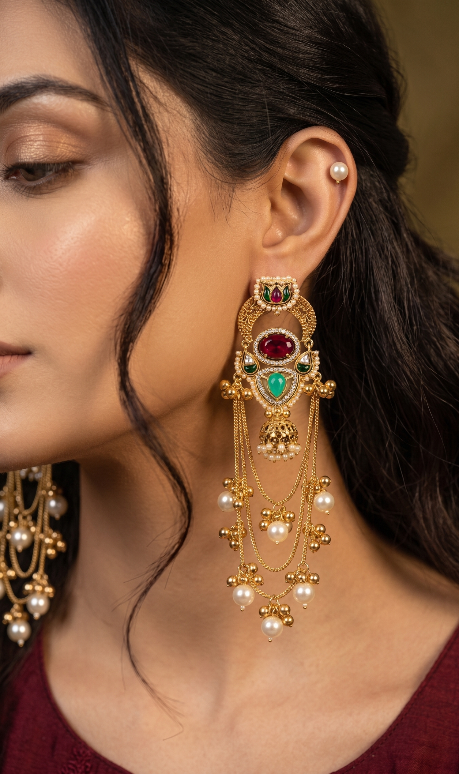 Traditional Gold-Plated Kundan Pearl Long Chandbali Kashmiri Earrings for Women | Bridal Ethnic Partywear Statement Earrings