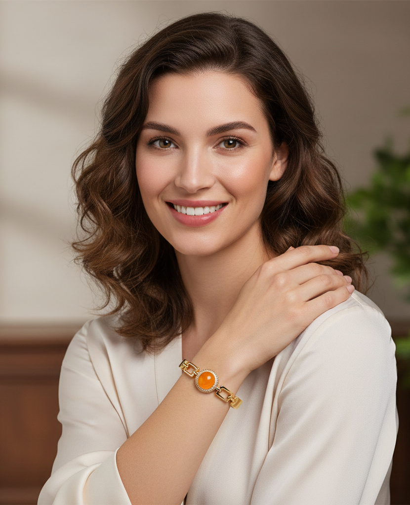 Gold-Plated Oval Amber Stone TARKISH Bracelet with CZ Halo | Adjustable Fashion Bangle for Women