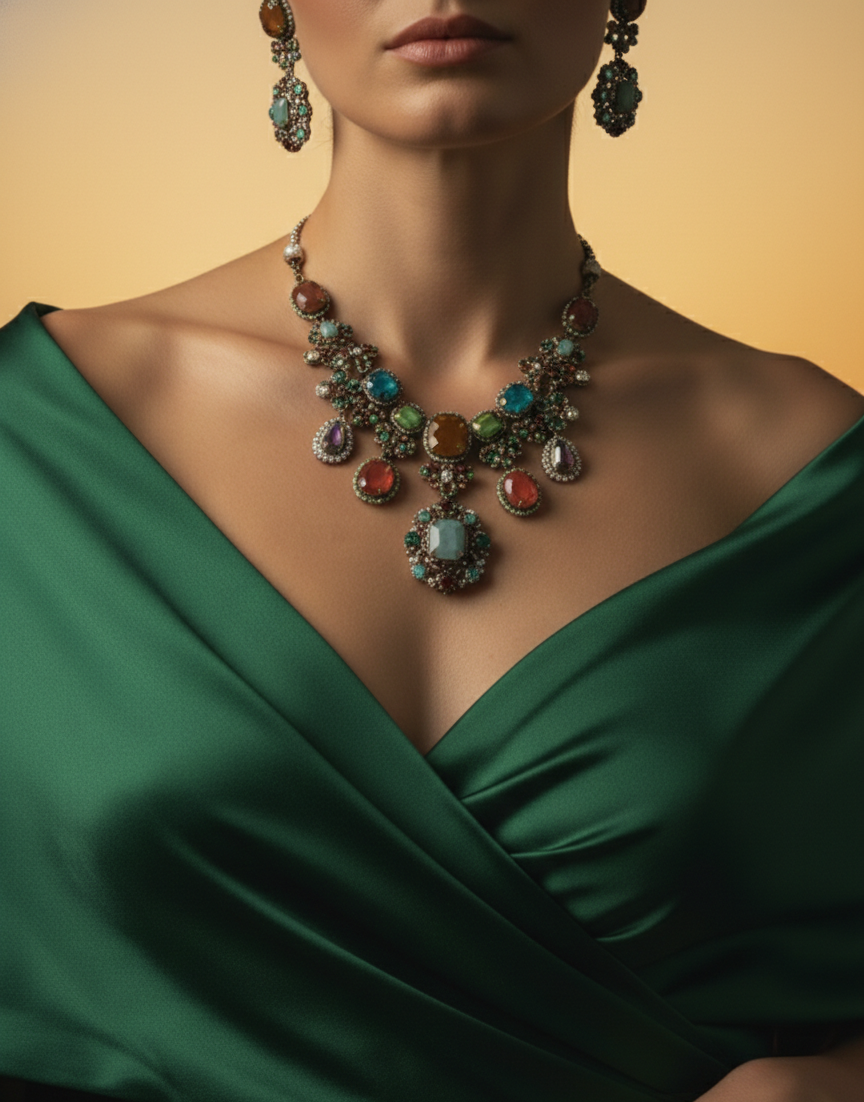 Traditional (SABYASACHI) Multicolor Stone Statement Necklace Set for Women | Antique Finish Bridal & Wedding Jewellery | Party Wear Necklace with Matching Earrings