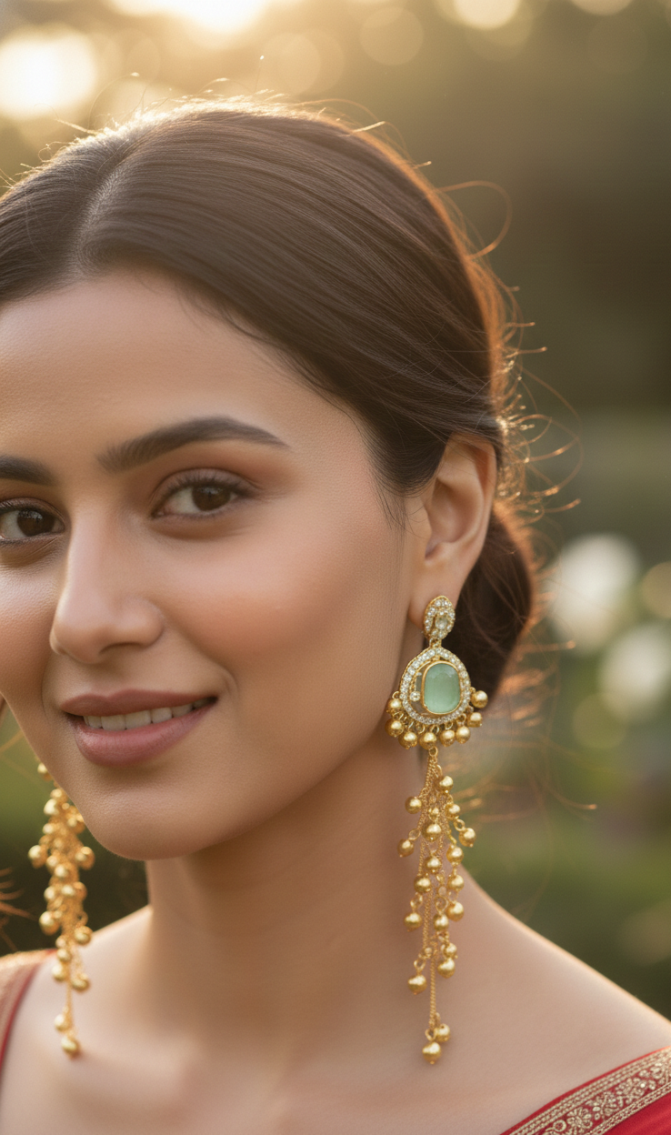 Veltreo International Gold Plated Kashmiri Style Long Drop Earrings for Women | Mint Green Stone | Traditional Fashion Jewellery