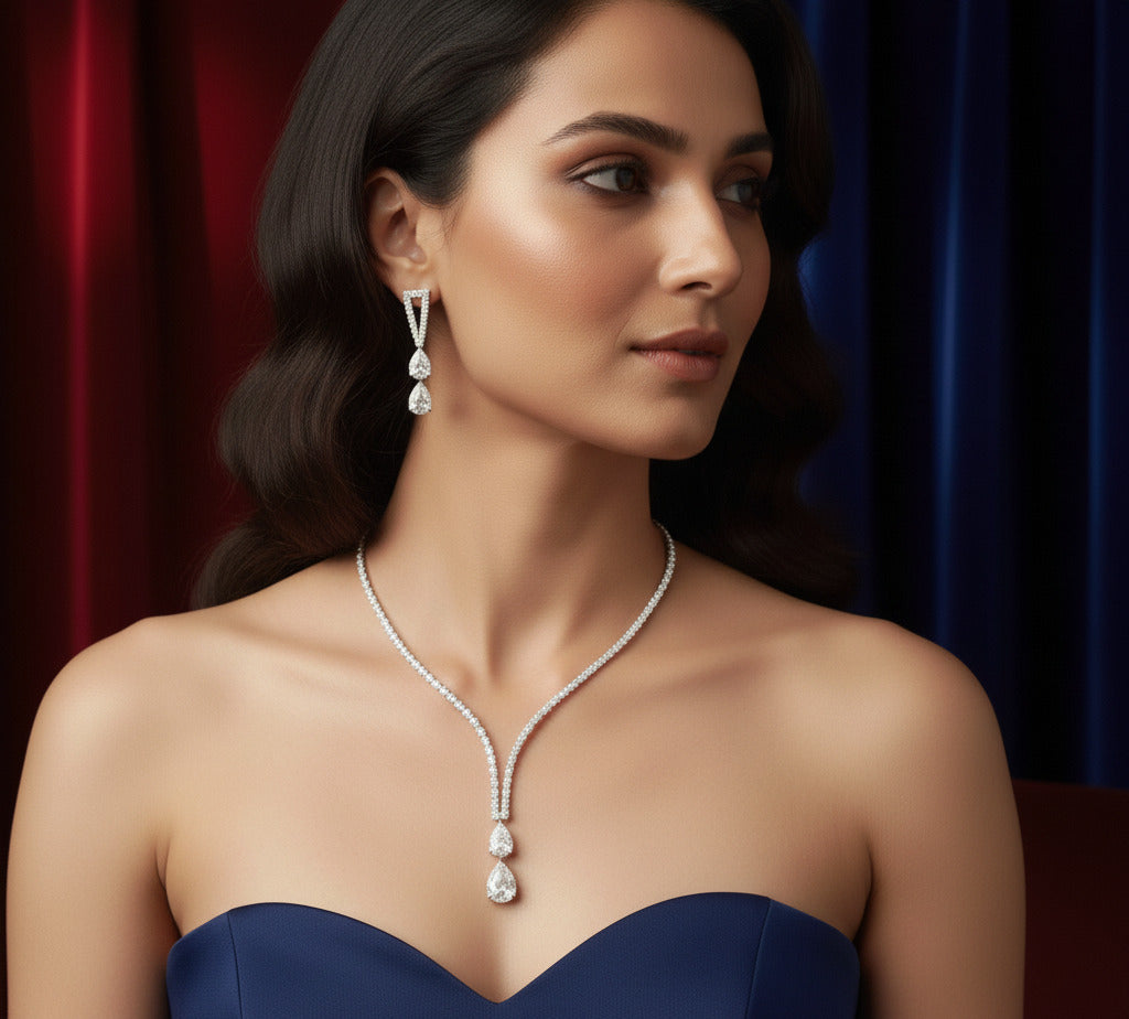 Cubic Zirconia Bridal Necklace Set for Women | Elegant Diamond Look Jewelry Set with Matching Earrings