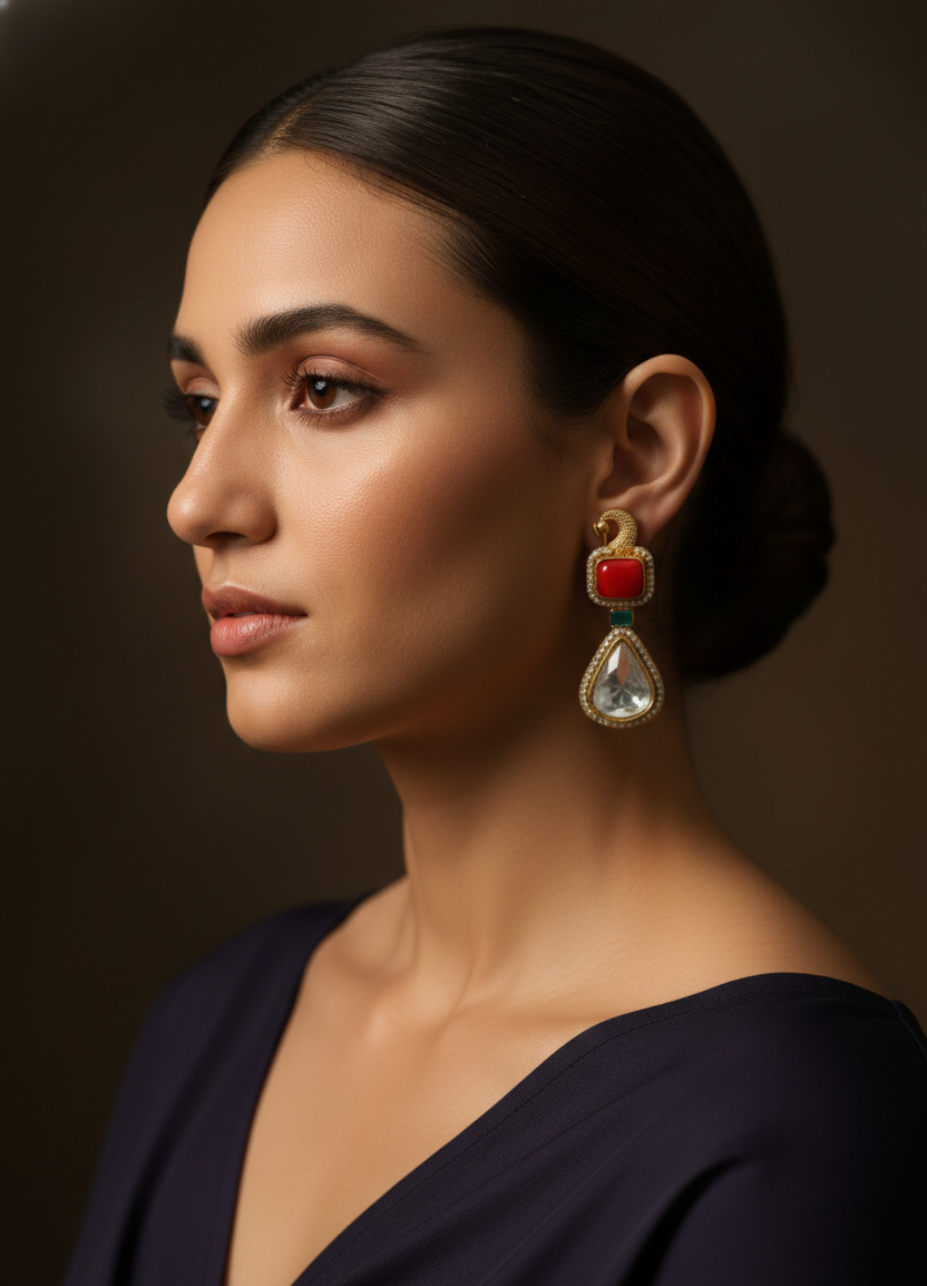 Gold-Plated Traditional Drop Earrings with Red & Clear Stones | Elegant Ethnic Statement Earrings for Women