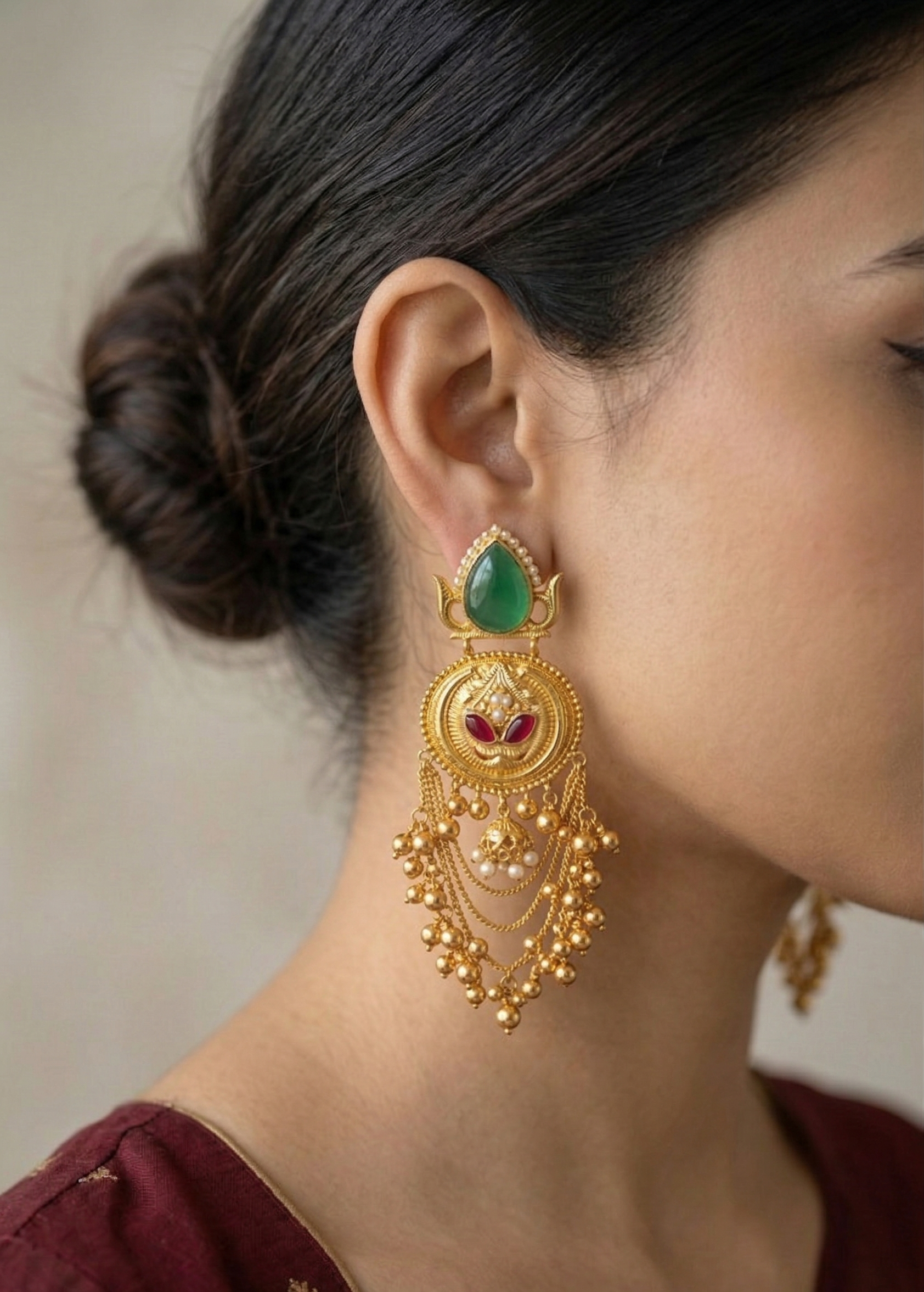 Gold-Plated Traditional Chandbali Earrings for Women | Green Stone & Pearl Dangle Earrings | Ethnic Wedding & Festive Jewellery
