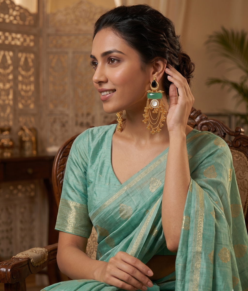 Elegant Gold-Plated Chandbali Tassel Earrings for Women | Green Stone & Black Teardrop Statement Earrings | Ethnic Party Wedding Jewelry