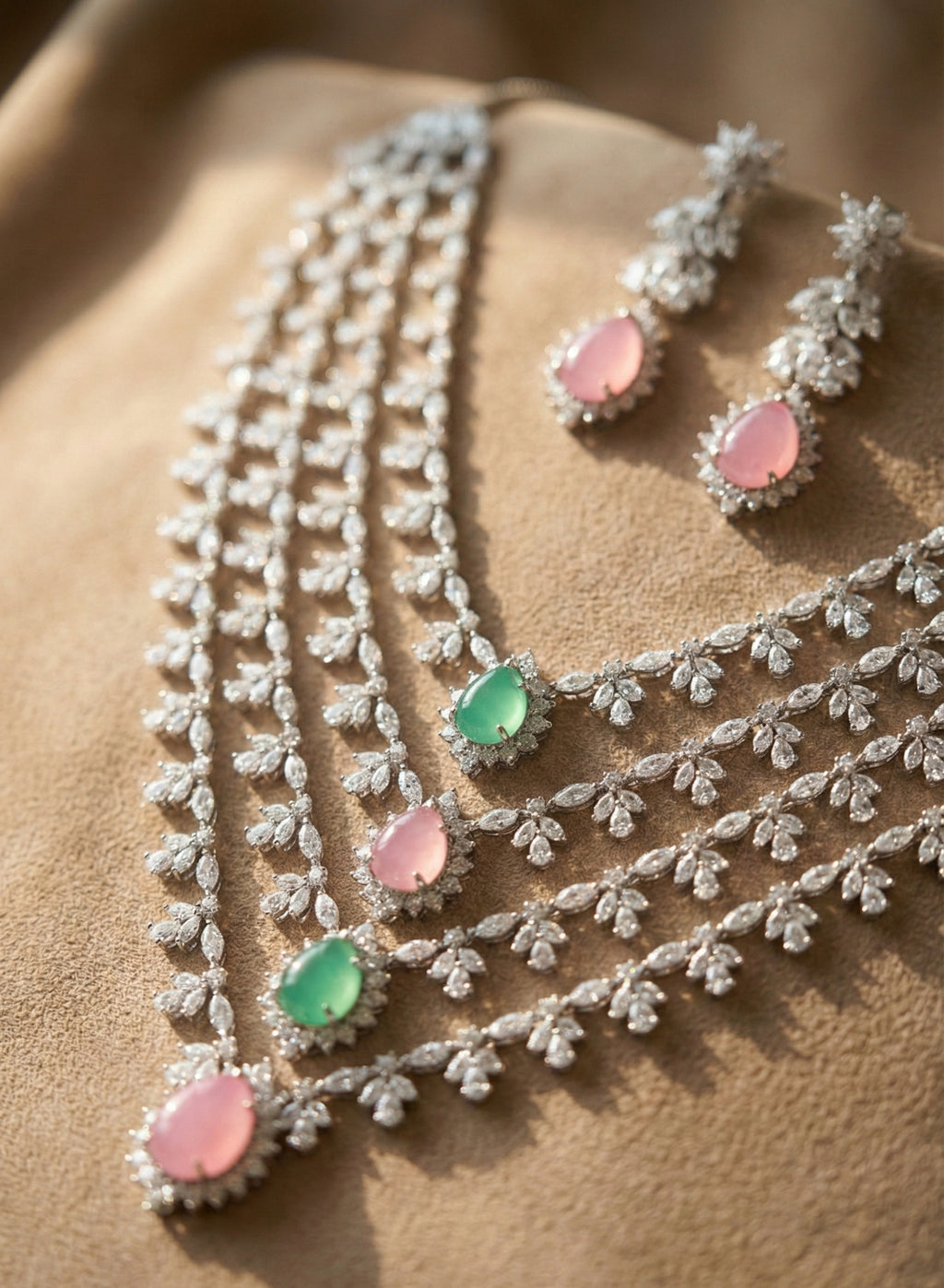 Multi-Layer Diamond Necklace & Earring Set for Women | Bridal Wedding Jewellery with Pink & Green Gemstones | Silver-Plated Party Wear Jewelry Set