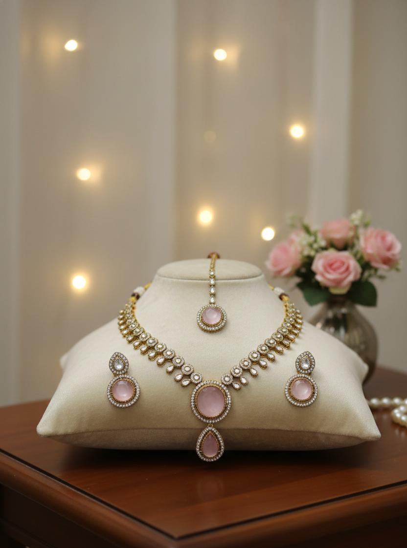 Traditional Blush Pink Stone Necklace Set with Matching Earrings | Gold-Tone Ethnic Jewelry Set for Women