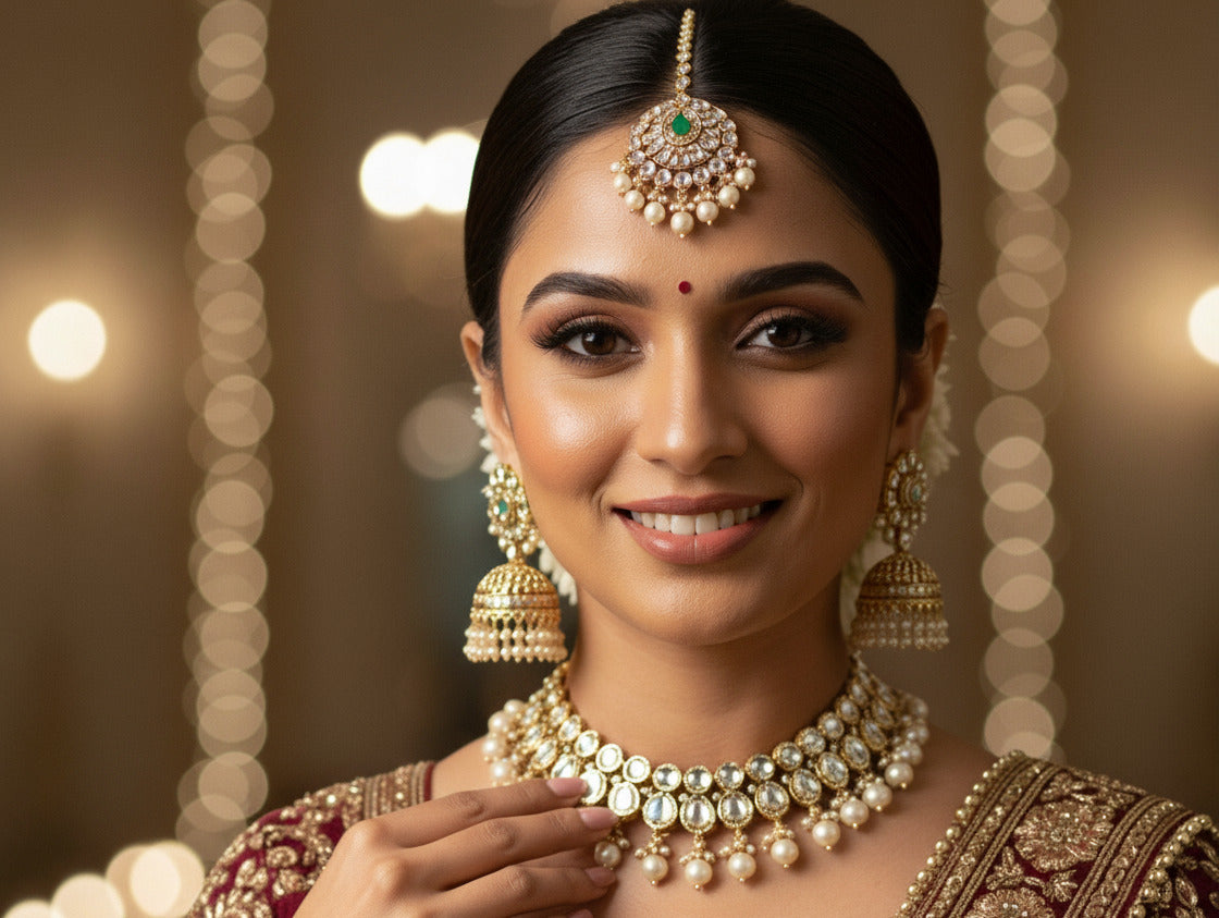 Traditional Indian Kundan & Pearl Choker Necklace Set with Jhumka Earrings and Maang Tikka | Bridal Wedding Jewelry for Women