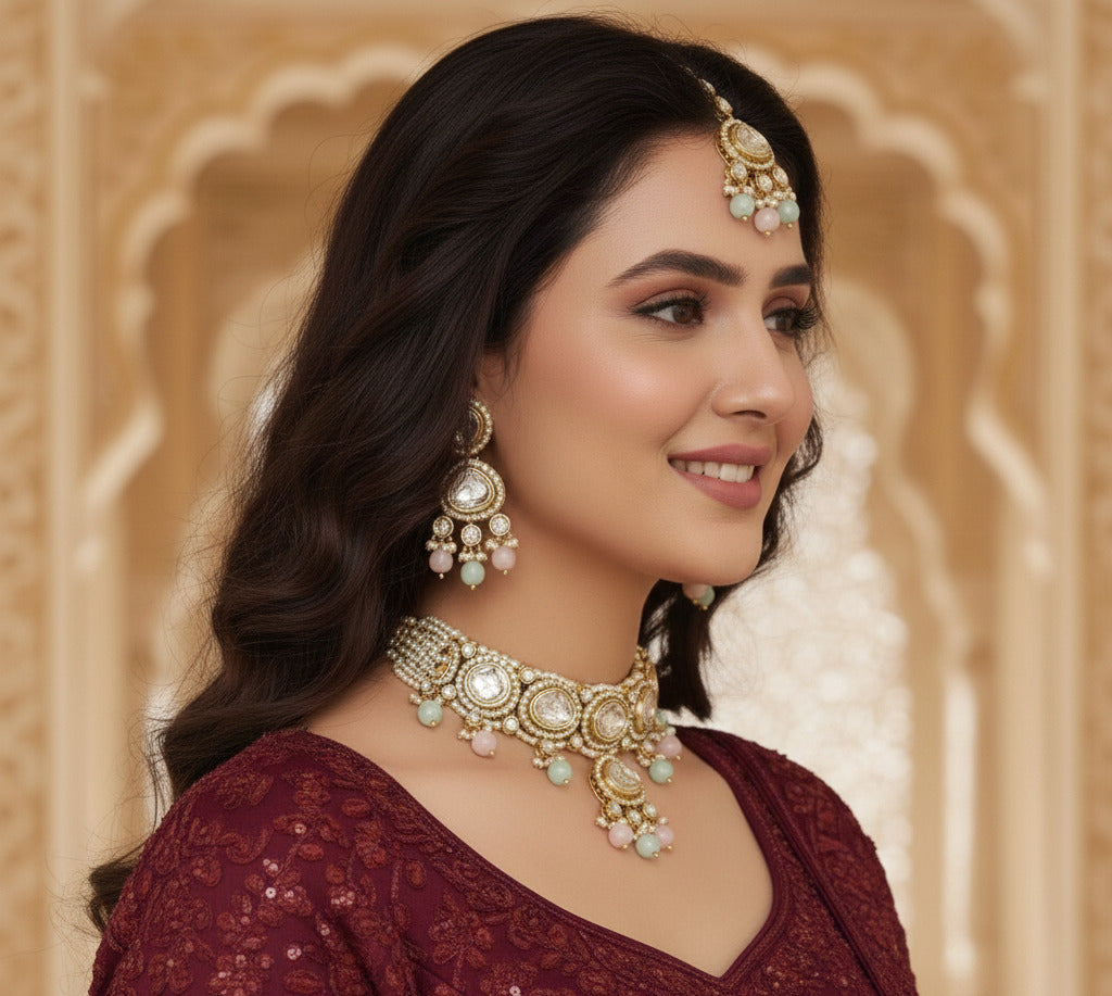 Kundan Choker Necklace Set for Women with Earrings & Maang Tikka | Bridal Jewelry Set with Pearl & Pastel Beads