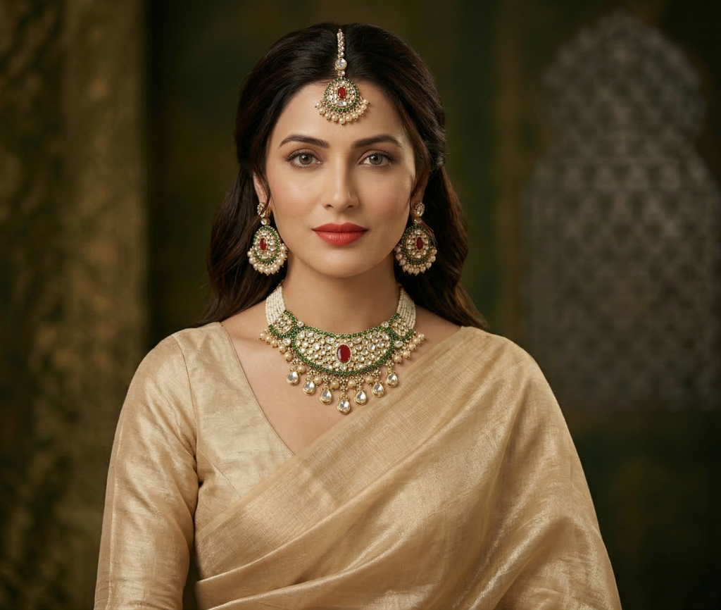 Traditional Kundan Choker Necklace Set with Earrings & Maang Tikka for Women | Bridal Jewellery Set with Pearl Drops | Wedding & Festive Wear
