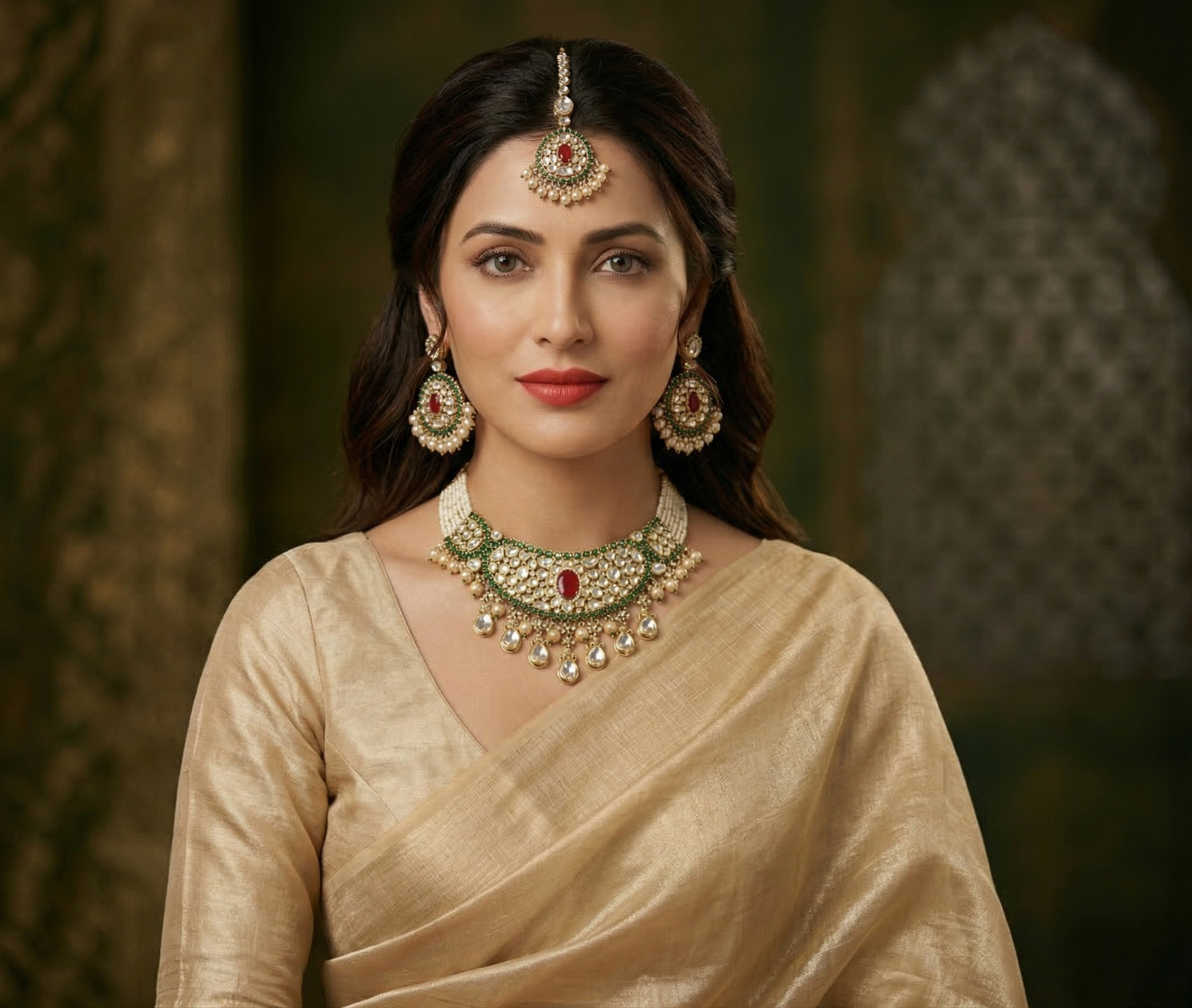 Traditional Kundan Choker Necklace Set with Earrings & Maang Tikka for Women | Bridal Jewellery Set with Pearl Drops | Wedding & Festive Wear