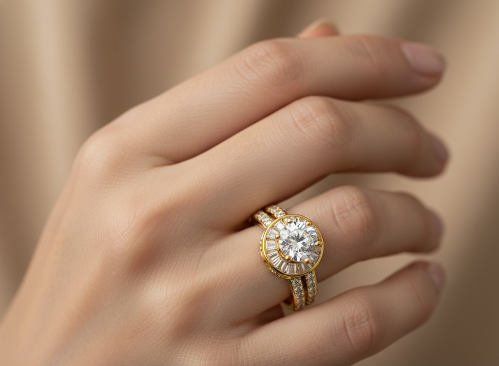 Adjustable Gold-Plated Solitaire Statement Ring for Women, Round Cut Crystal with Halo Design, Wedding & Party Jewelry