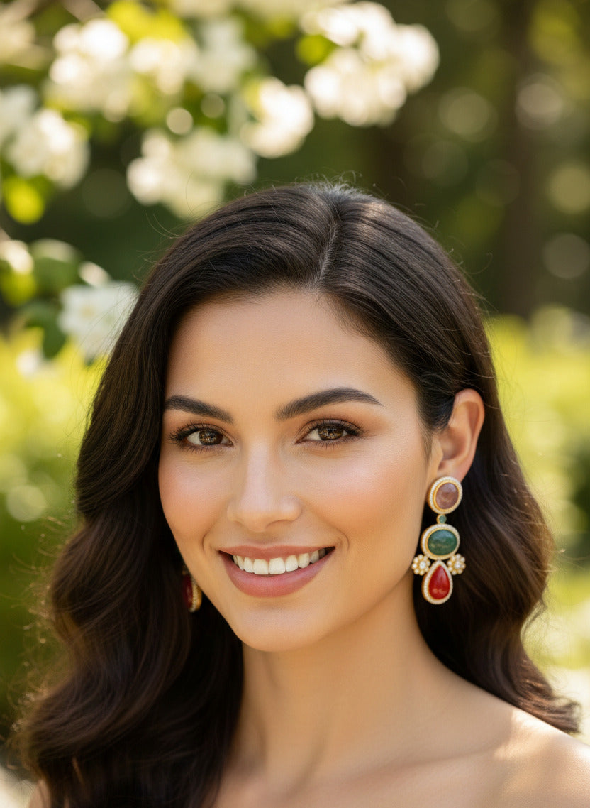 Gold-Plated Multi-Stone Dangle Earrings with Red, Green & Pink Gemstones – Premium Designer Ethnic Drop Earrings for Women & Girls