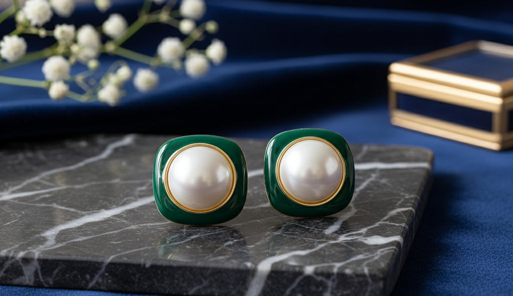 Green Enamel Pearl Stud Earrings for Women | Classic Round Imitation Pearl Earrings