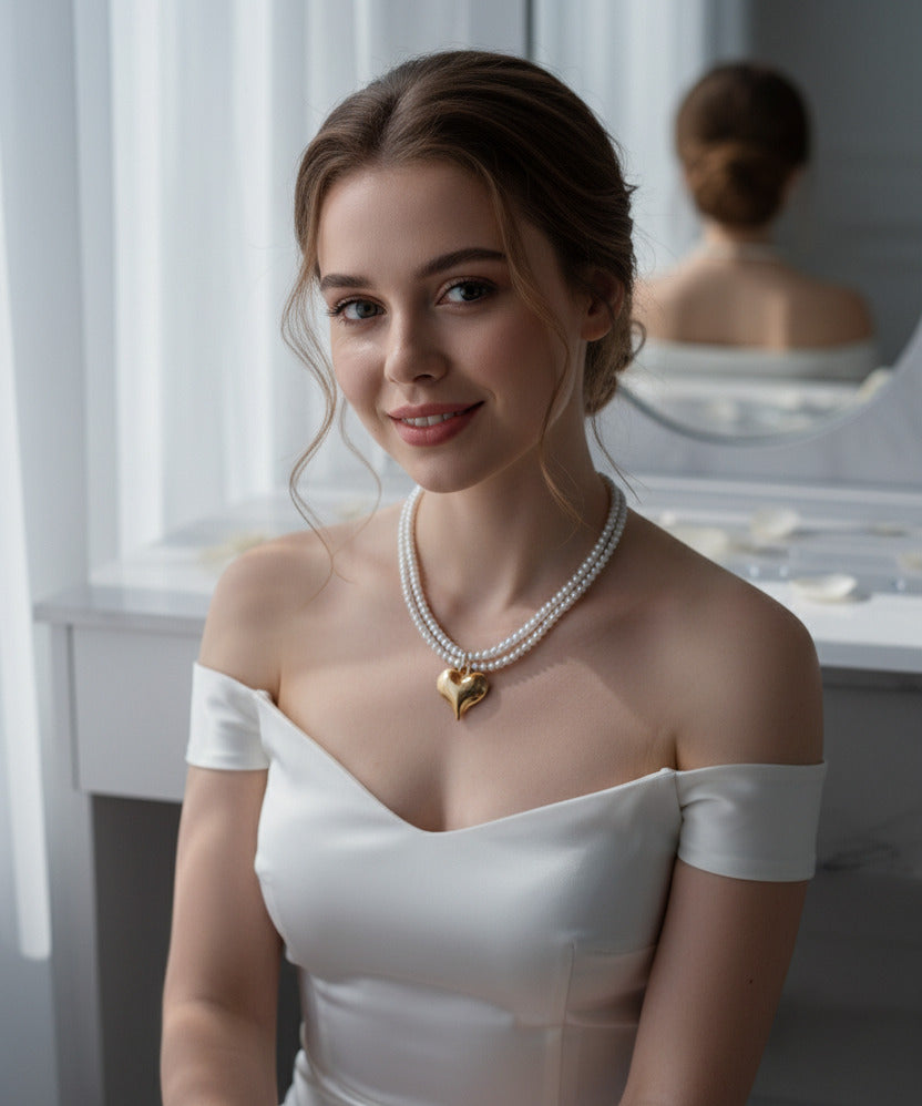 Veltreo International Double-Strand Pearl Necklace with Gold Heart Pendant for Women – Classic Faux Pearl Choker Jewelry
