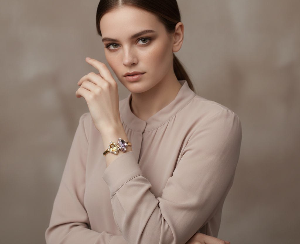 Dual Stone Adjustable Fashion Bracelet with Pearl Accents | Gold-Plated Statement Ring for Women