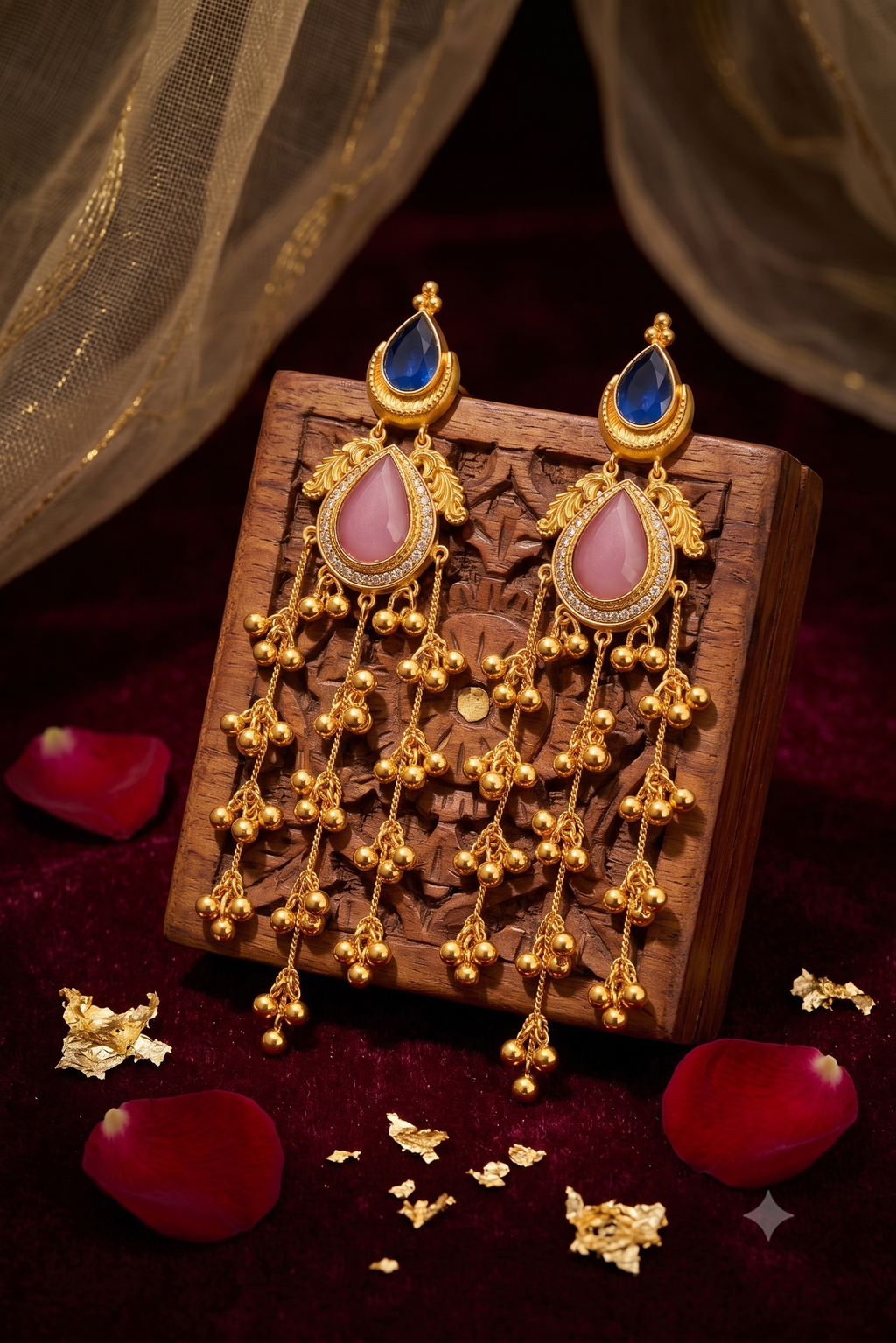 Gold-Plated Long Dangler Earrings with Pink & Blue Teardrop Stones | Traditional Ethnic Party Wear Earrings for Women & Girls