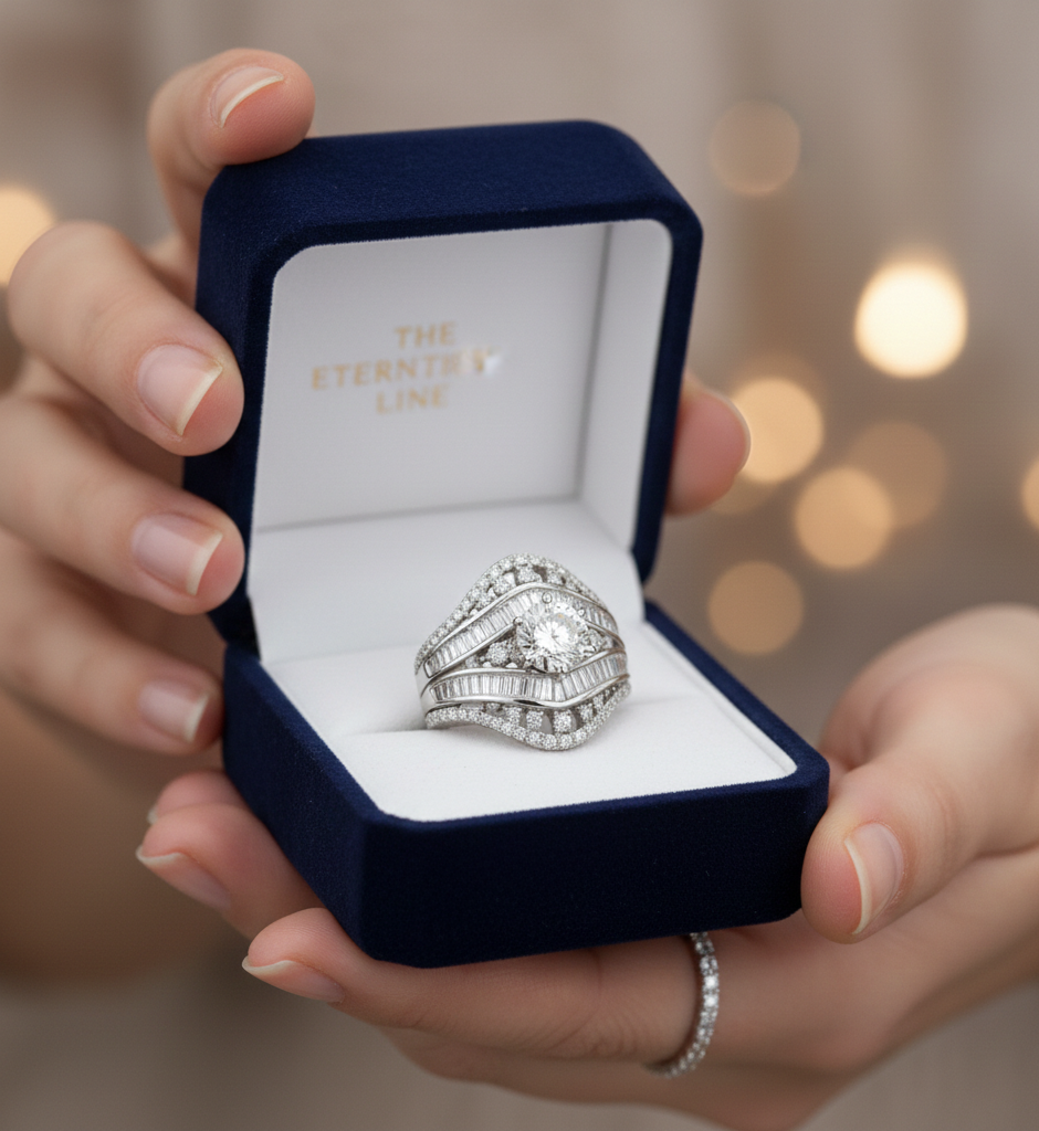 Luxury Silver-Tone Diamond Look Statement Ring for Women | Round Cut Center Stone | Baguette & Pave Setting | Bridal, Party & Wedding Jewellery