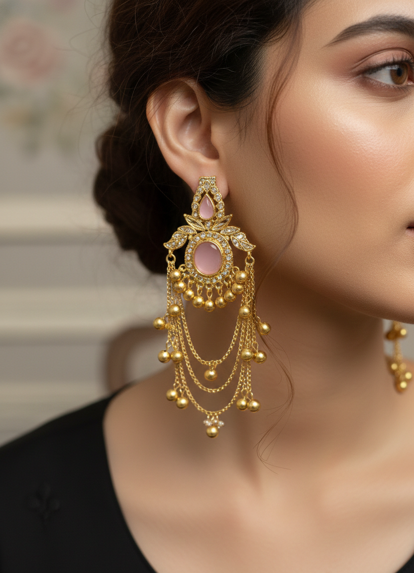 Traditional Gold-Plated Pink Stone Kashmiri  Earrings for Women | Antique Finish Ethnic Bridal & Festive Jewelry