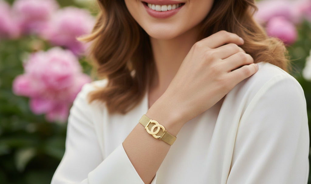 Chanel-Style Gold Mesh Bracelet for Women – Premium Stainless Steel Adjustable Fashion Bracelet with Iconic CC Logo – Lightweight, Durable & Elegant Jewelry Accessory