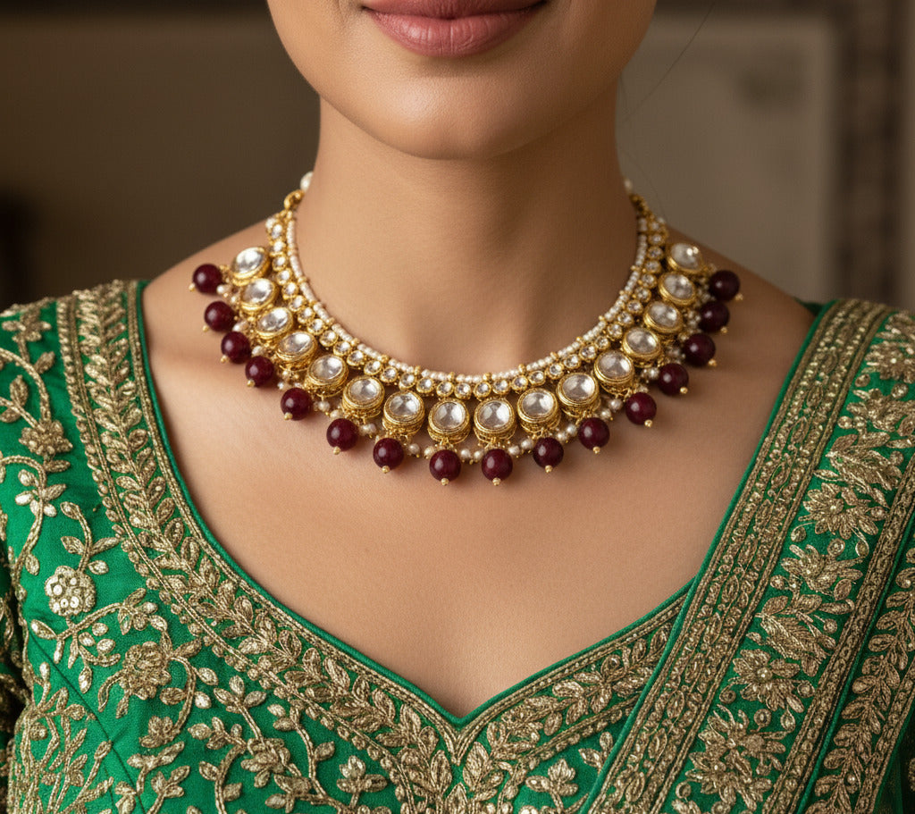 Kundan Choker Necklace Set for Women with Jhumka Earrings & Maang Tikka | Bridal Jewellery Set with Maroon Beads & Pearl Detailing | Wedding & Festival Wear
