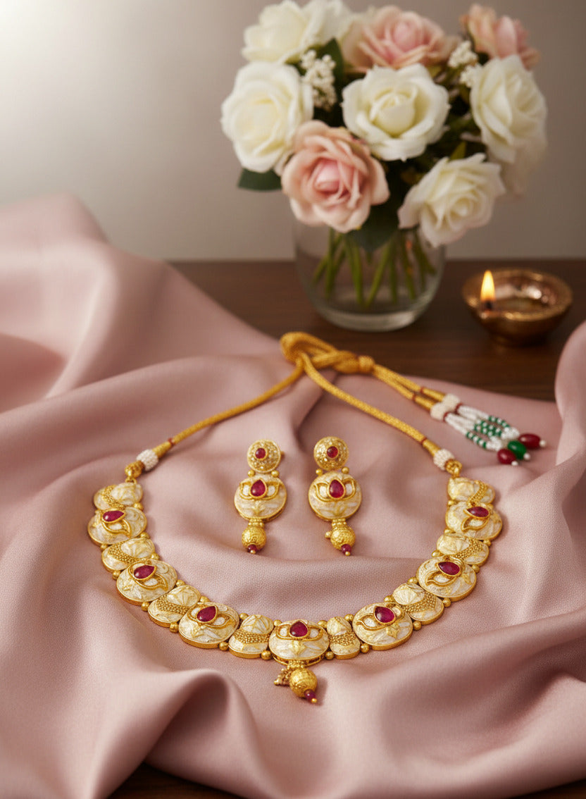 Traditional Gold-Plated Kundan Necklace Set for Women with Matching Earrings | Enamel Work & Ruby-Coloured Stones | Bridal & Festive Jewellery