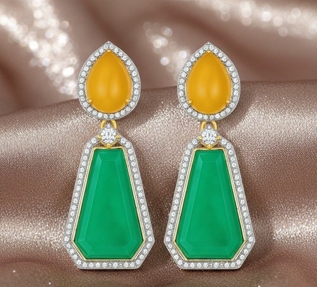 Women’s Statement Drop Earrings – Yellow & Green Dual-Stone Dangle Earrings with Crystal Halo | Party, Wedding & Festive Jewelry | Lightweight & Premium Finish