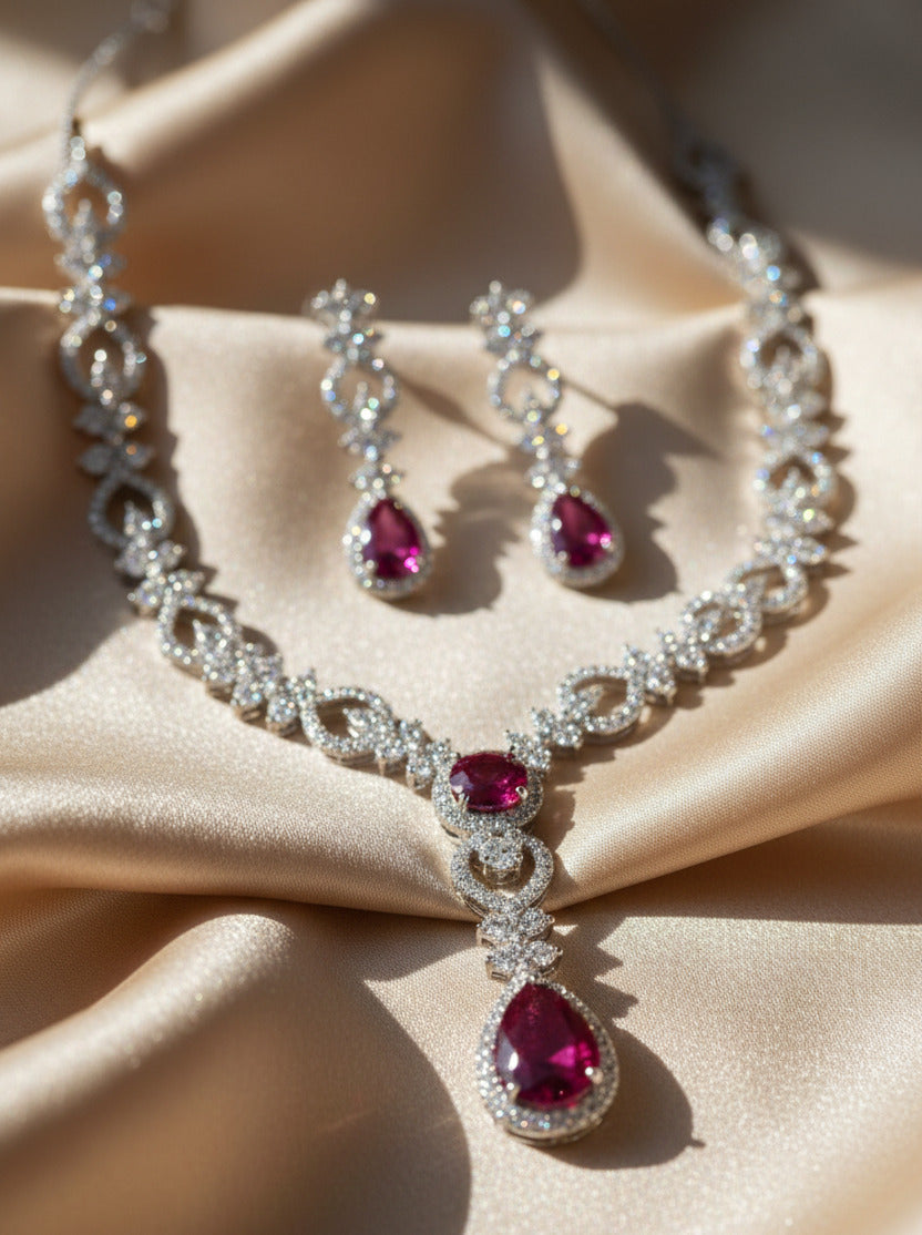 Women's Silver Plated Ruby Red Stone Necklace and Earring Set – Bridal Wedding Jewellery Set with CZ Diamonds, Lightweight Party Wear Necklace for Women & Girls