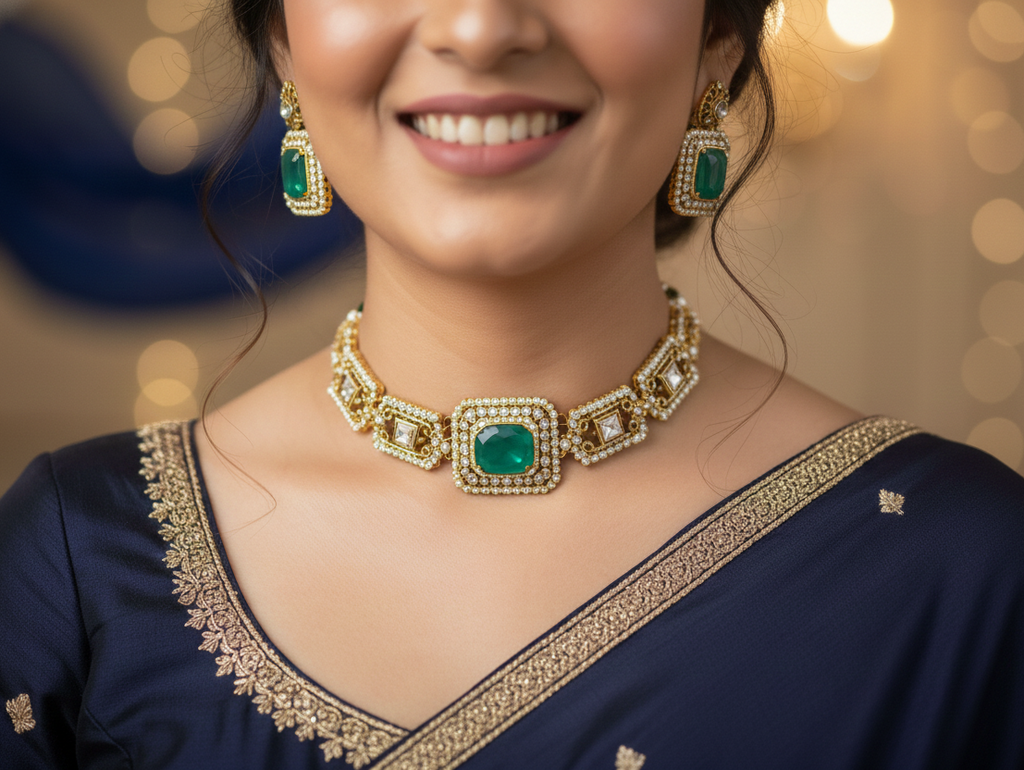 Traditional Gold-Plated Green Stone Choker with Matching Earrings Set | Adjustable Dori Closure | Ethnic Jewellery Set for Women