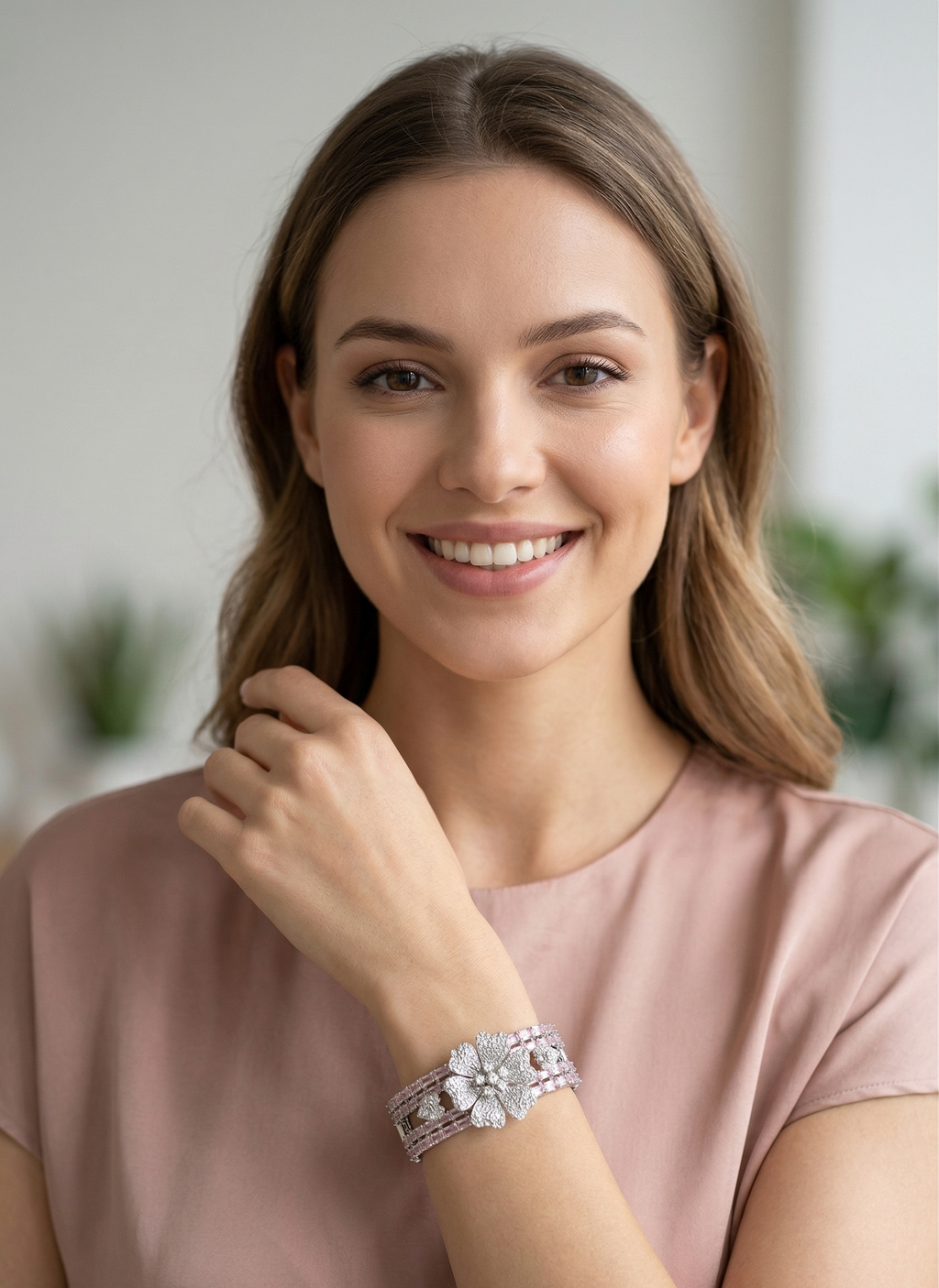 Elegant Silver-Plated Floral Bracelet with Pink Stones | Adjustable Designer Kada Bangle for Women | Wedding, Party & Festive Wear Jewelry