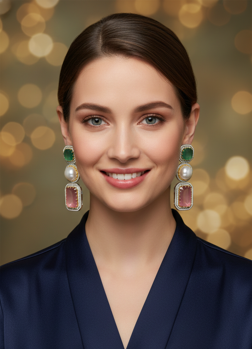 Gold Plated Multi-Stone Drop Earrings with Green Stone, Pearl & Pink Gem | Elegant Statement Fashion Jewellery for Women