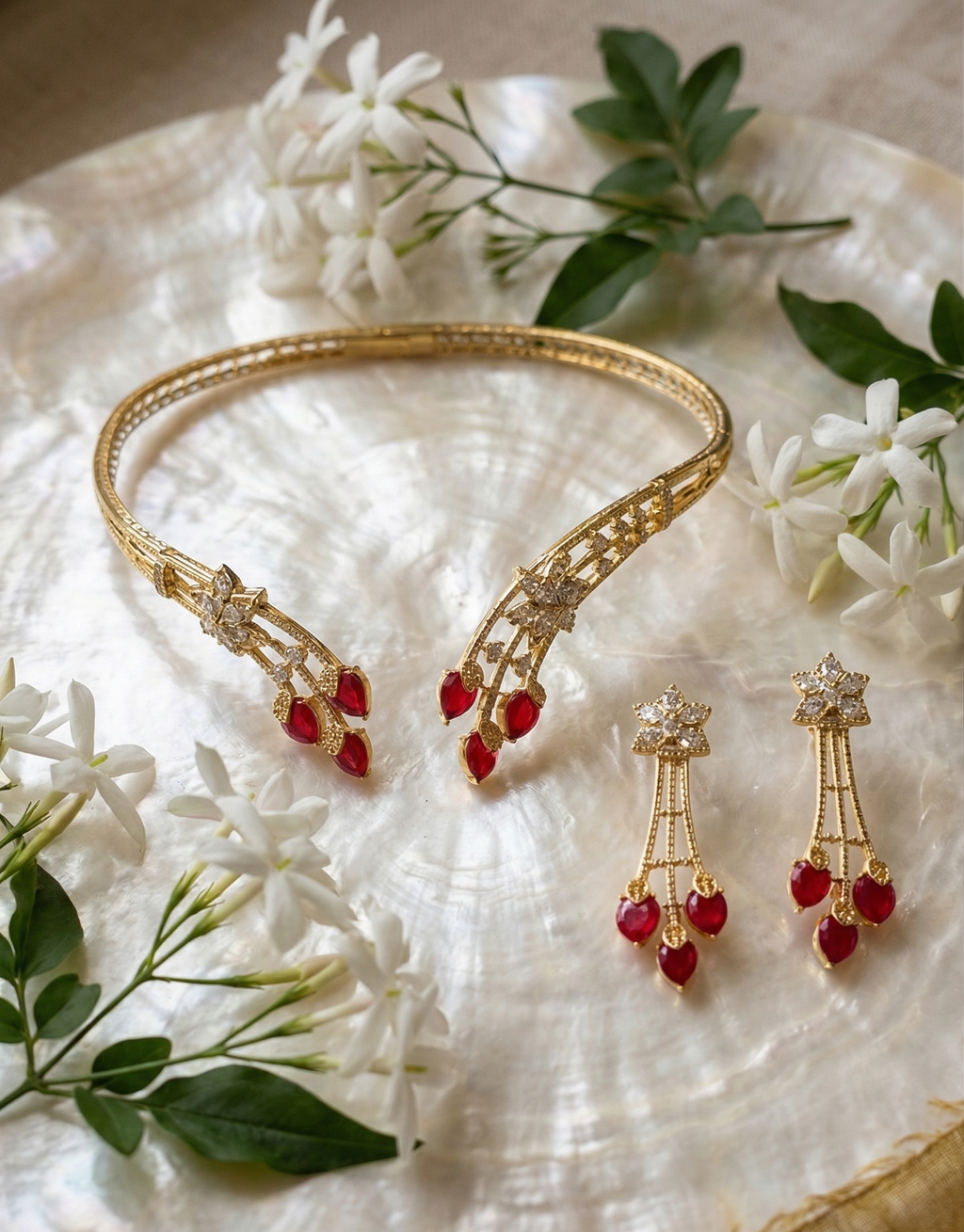 Gold-Plated Red Stone Choker Necklace Set for Women | Designer Bridal Jewelry Set with Matching Earrings | Traditional Wedding & Party Wear