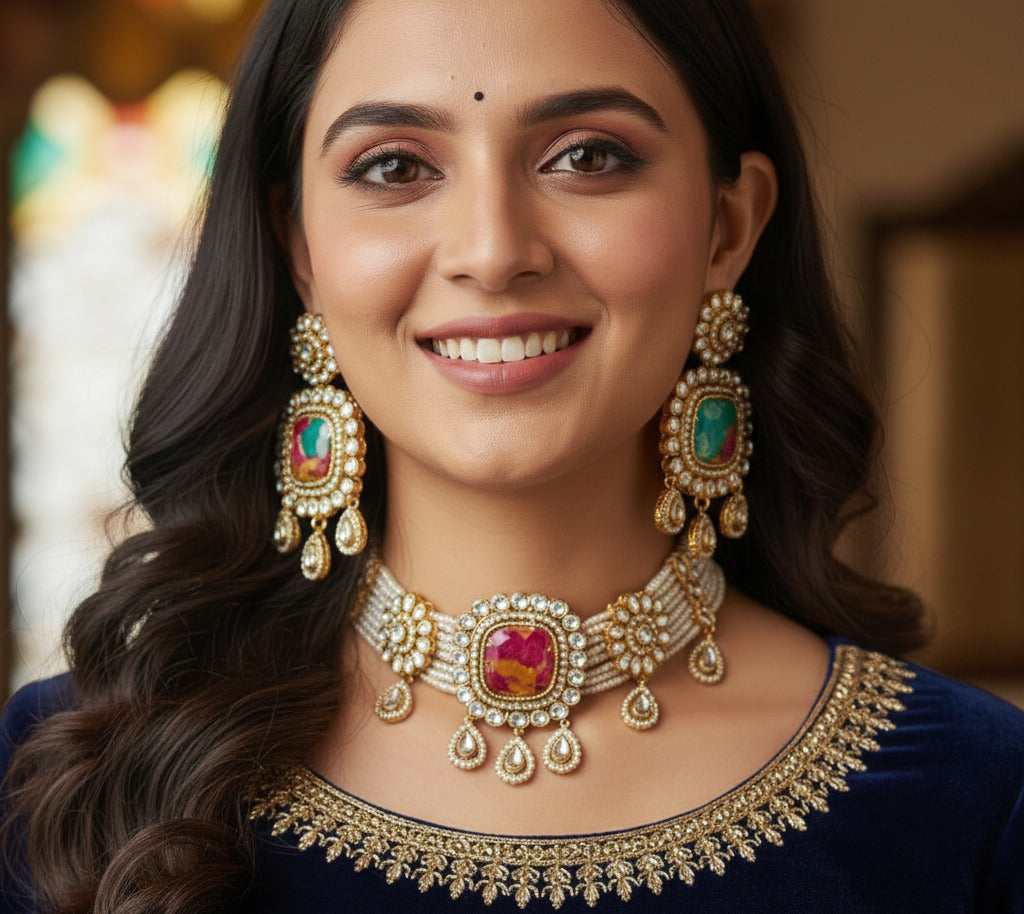 Traditional Kundan Pearl Choker Necklace Set with Matching Earrings | Bridal & Festive Jewelry | Gold-Plated Multicolor Stone Set for Women