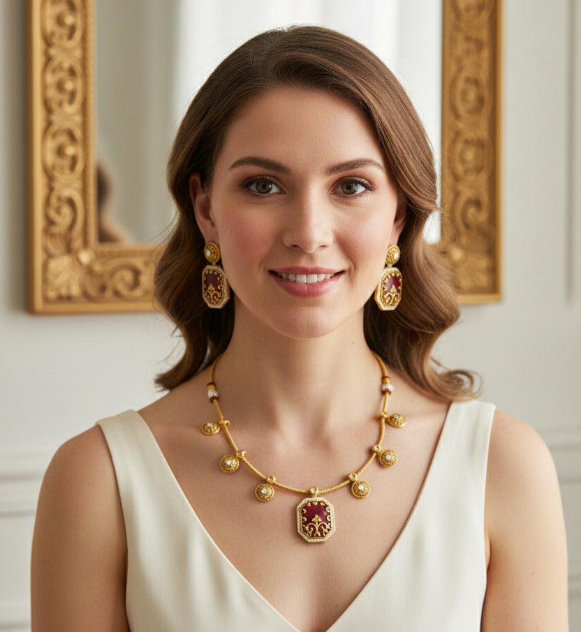 raditional Gold-Plated Maroon/Green Enamel Necklace Set for Women | Designer Pendant Necklace with Matching Earrings | Festive & Wedding Jewellery Set