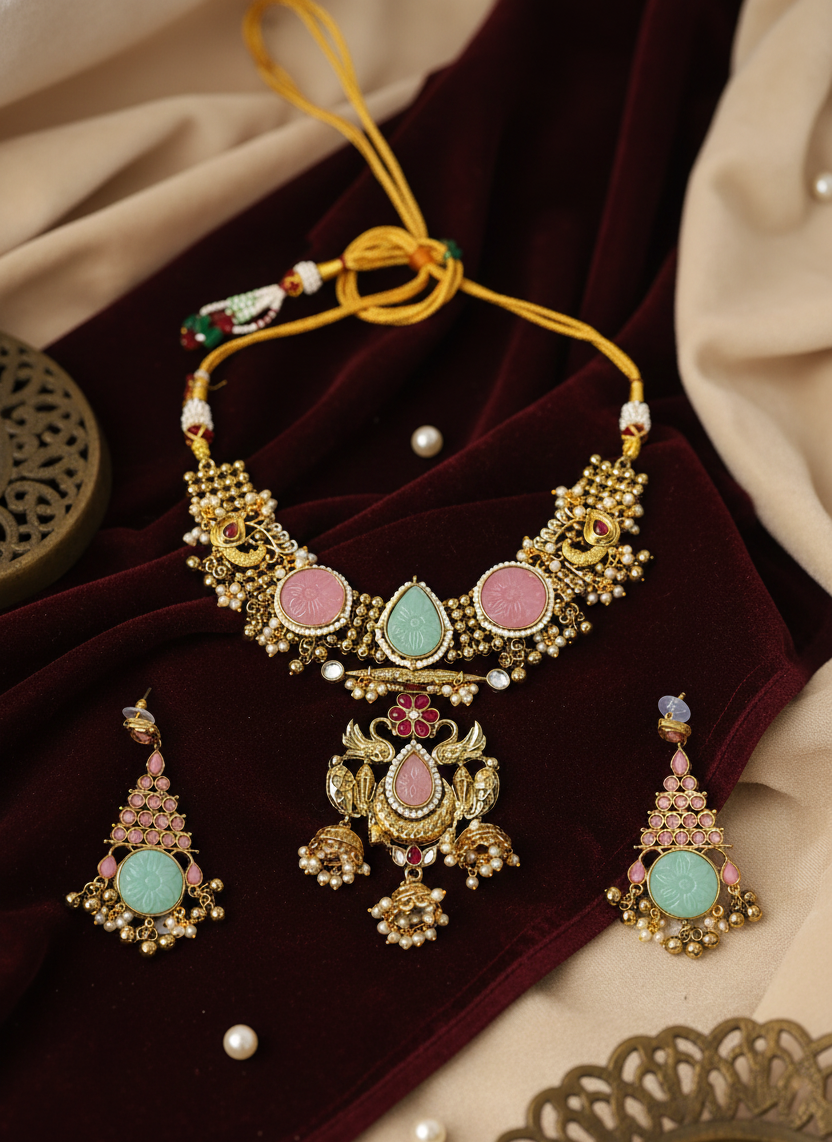 Traditional Gold-Tone Kundan Necklace Set with Pastel Stones & Pearl Drop Earrings for Women