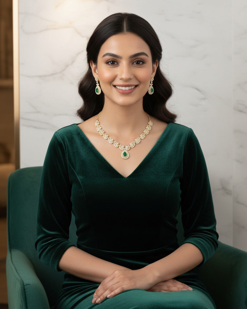 Necklace and Earring Set for Women | Green Stone & CZ Diamond Design | Traditional Wedding & Party Jewelry Set