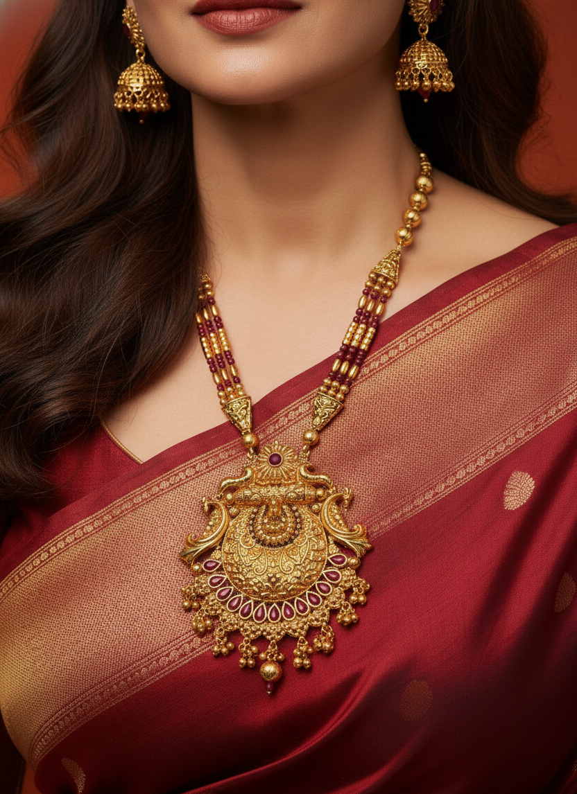 Antique Gold Plated Traditional Indian Necklace Set with Jhumka Earrings | Temple Design | Wedding & Festive Jewellery for Women