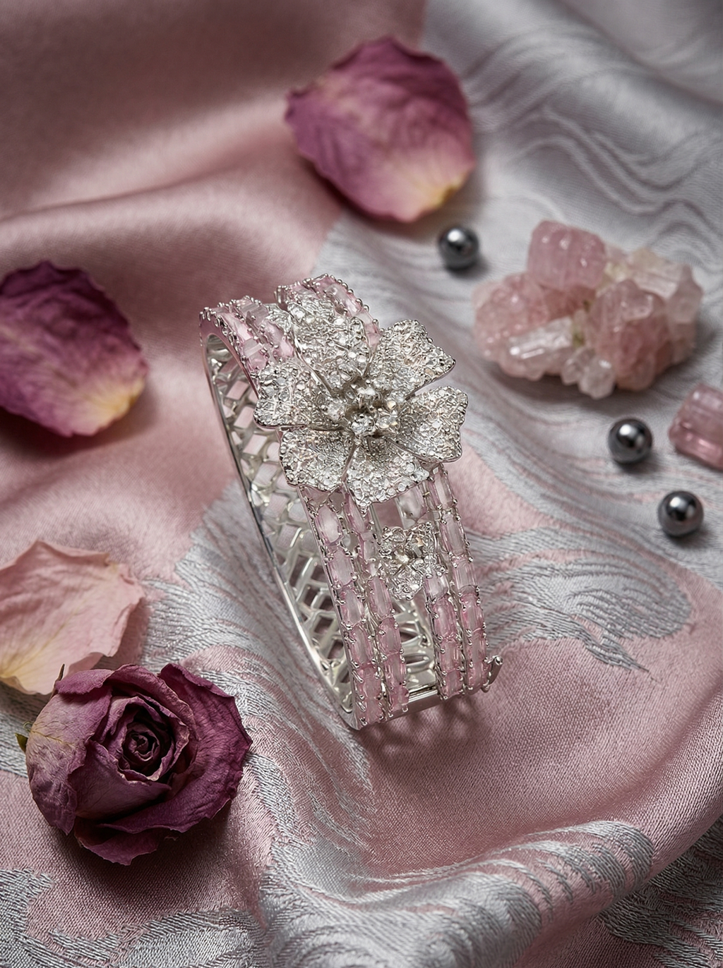 Elegant Silver-Plated Floral Bracelet with Pink Stones | Adjustable Designer Kada Bangle for Women | Wedding, Party & Festive Wear Jewelry