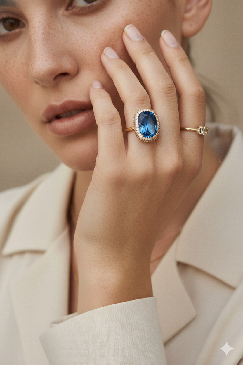 Oval Cut Blue Stone Ring with Halo Setting | Gold-Tone Adjustable Fashion Ring for Women | Party & Wedding Jewellery