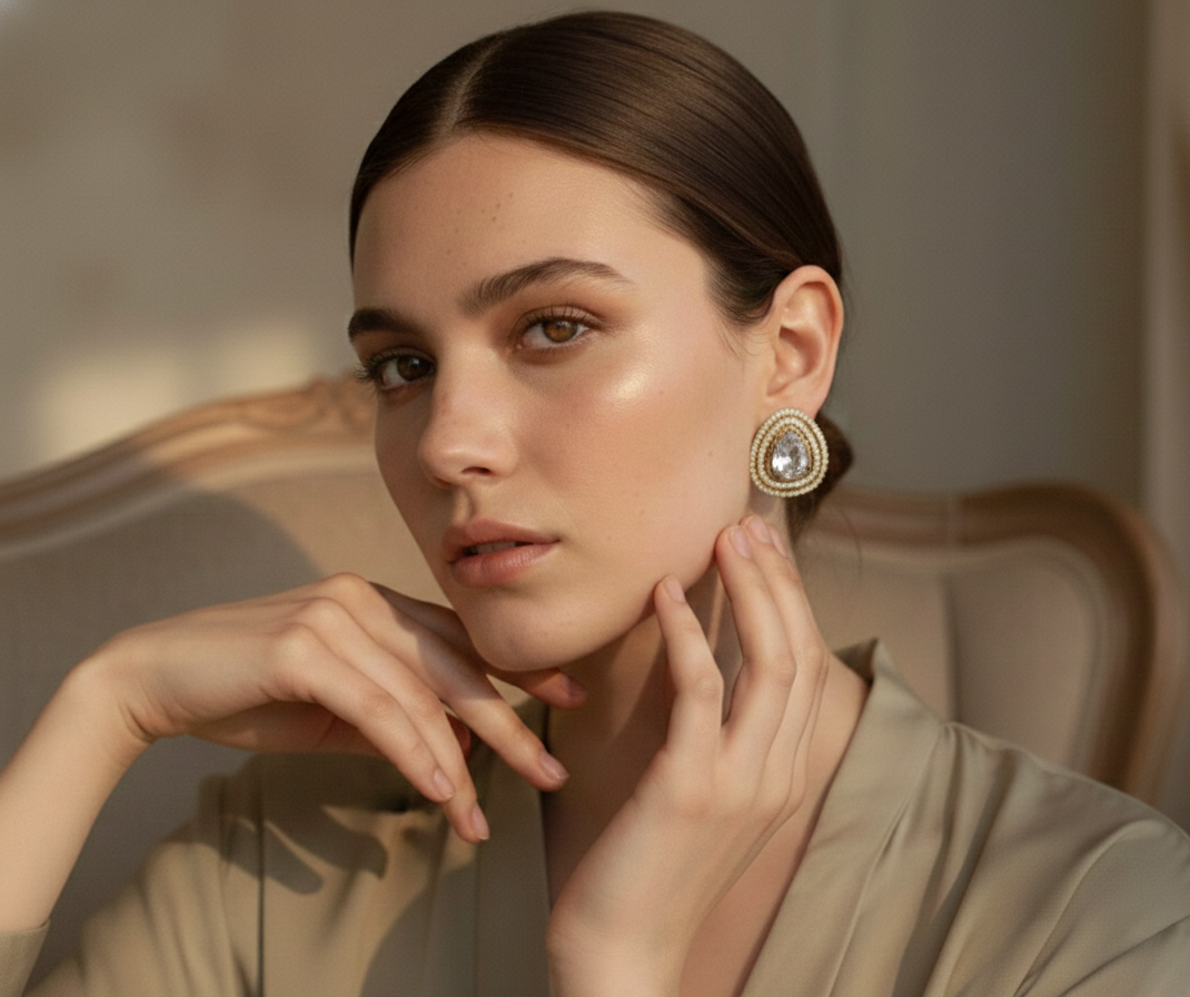 Gold-Plated Teardrop Stud Earrings with Light Blue Stone | Crystal-Embedded Designer Fashion Jewellery for Women