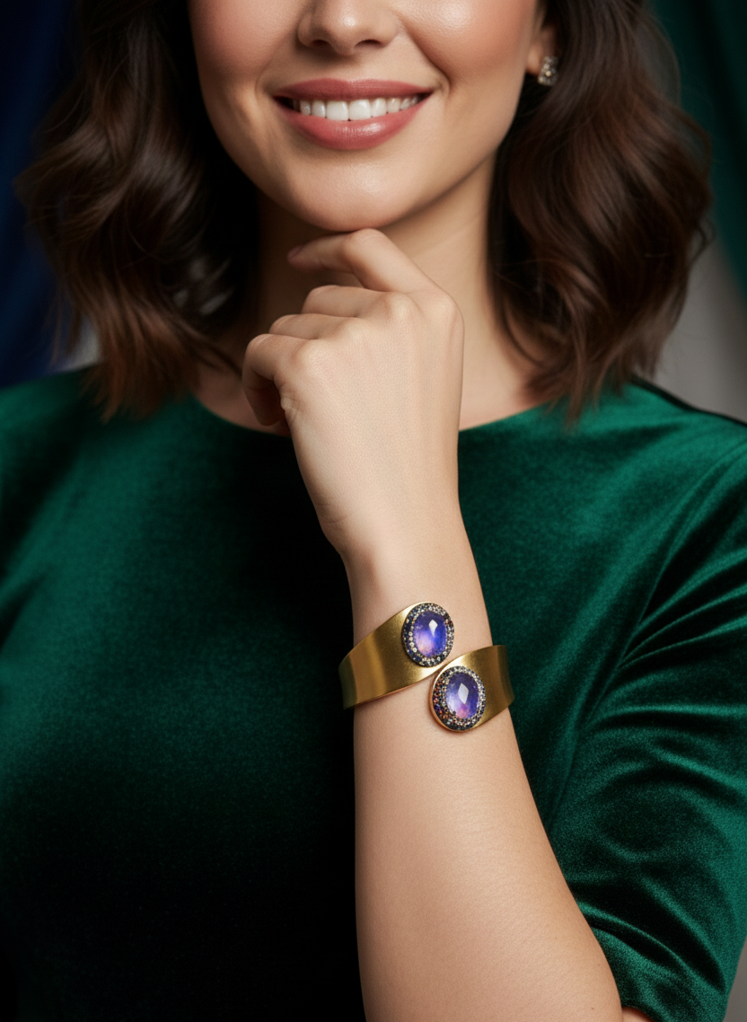 Gold-Tone Adjustable Cuff TARKISH Bracelet with Oval Blue Stone & Multicolor Crystal Halo – Statement Jewelry for Women