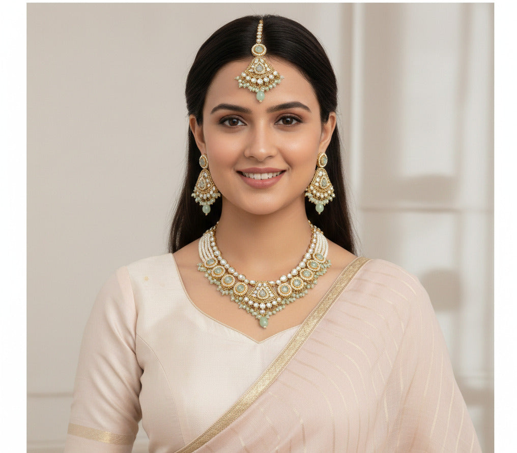 Kundan Pearl & Green Bead Jewellery Set for Women – Maang Tikka & Earrings – Wedding, Festive & Bridal Jewellery