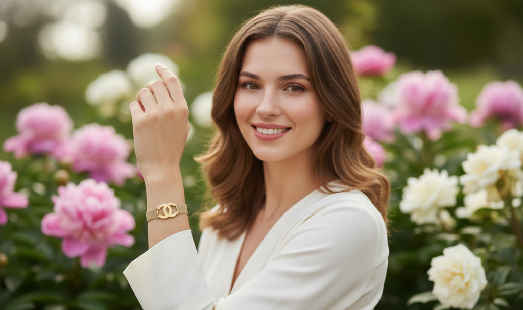 Chanel-Style Gold Mesh Bracelet for Women – Premium Stainless Steel Adjustable Fashion Bracelet with Iconic CC Logo – Lightweight, Durable & Elegant Jewelry Accessory